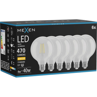 Mexen Vintis 6x LED žárovka s vláknem E27, G95, 4W, teplá - 2700K, 470 lm, čirá - L157-E27-0427-00x06