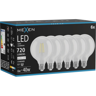 Mexen Vintis 6x LED žárovka s vláknem E27, G95, 6W, neutrální - 4000K, 720 lm, čirá - L157-E27-0640-00x06