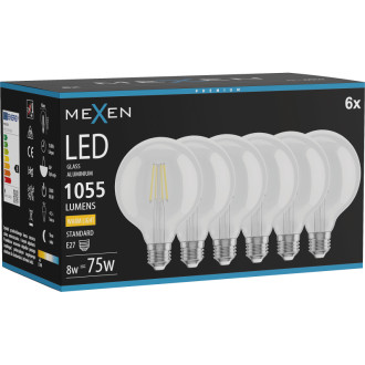 Mexen Vintis 6x LED žárovka s vláknem E27, G95, 8W, teplá - 2700K, 1055 lm, čirá - L157-E27-0827-00x06