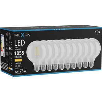 Mexen Vintis 10x LED žárovka s vláknem E27, G95, 8W, teplá - 2700K, 1055 lm, čirá - L157-E27-0827-00x10