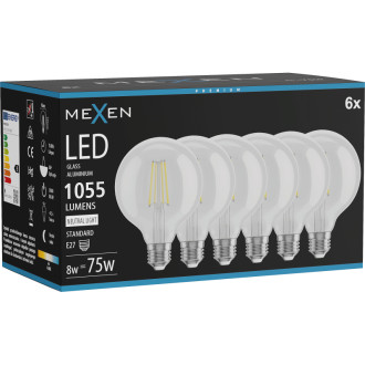 Mexen Vintis 6x LED žárovka s vláknem E27, G95, 8W, neutrální - 4000K, 1055 lm, čirá - L157-E27-0840-00x06