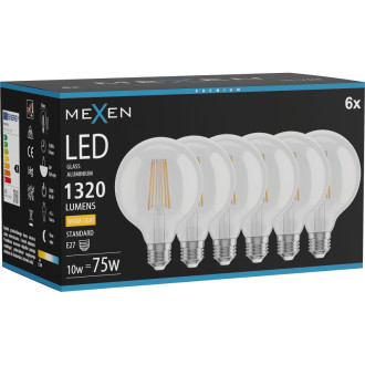 Mexen Vintis 6x LED žárovka s vláknem E27, G95, 10W, teplá - 2700K, 1320 lm, čirá - L157-E27-1027-00x06