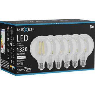 Mexen Vintis 6x LED žárovka s vláknem E27, G95, 10W, neutrální - 4000K, 1320 lm, čirá - L157-E27-1040-00x06