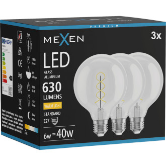 Mexen Vintis 3x LED spirálová žárovka E27, G95, 6W, teplá - 2700K, 630 lm, čirá - L167-E27-0627-00x03