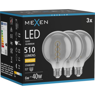 Mexen Vintis 3x LED spirálová žárovka E27, G95, 6W, teplá - 2700K, 510 lm, kouřová - L167-E27-0627-70x03
