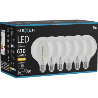 Mexen Vintis 6x LED spirálová žárovka E27, G95, 6W, teplá - 2700K, 630 lm, čirá - L167-E27-0627-00x06