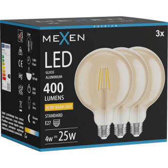 Mexen Vintis 3x LED žárovka s vláknem E27, G125, 4W, teplá - 2200K, 400 lm, jantarová - L158-E27-0422-50x03