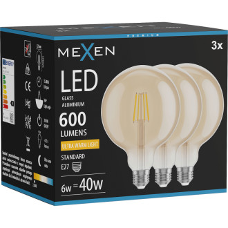 Mexen Vintis 3x LED žárovka s vláknem E27, G125, 6W, teplá - 2200K, 600 lm, jantarová - L158-E27-0622-50x03