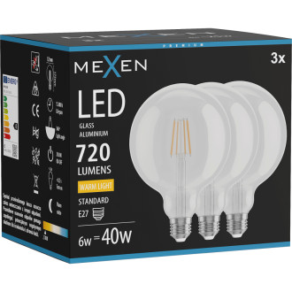 Mexen Vintis 3x LED žárovka s vláknem E27, G125, 6W, teplá - 2700K, 720 lm, čirá - L158-E27-0627-00x03