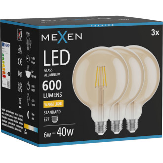 Mexen Vintis 3x LED žárovka s vláknem E27, G125, 6W, teplá - 2700K, 600 lm, jantarová - L158-E27-0627-50x03