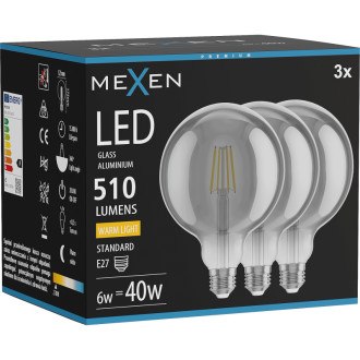Mexen Vintis 3x LED žárovka s vláknem E27, G125, 6W, teplá - 2700K, 510 lm, kouřová - L158-E27-0627-70x03