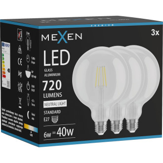Mexen Vintis 3x LED žárovka s vláknem E27, G125, 6W, neutrální - 4000K, 720 lm, čirá - L158-E27-0640-00x03