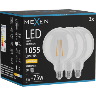 Mexen Vintis 3x LED žárovka s vláknem E27, G125, 8W, teplá - 2700K, 1055 lm, čirá - L158-E27-0827-00x03