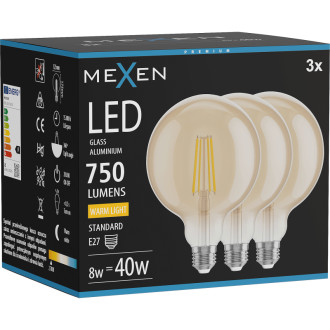 Mexen Vintis 3x LED žárovka s vláknem E27, G125, 8W, teplá - 2700K, 750 lm, jantarová - L158-E27-0827-50x03