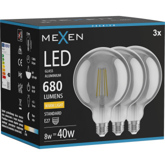 Mexen Vintis 3x LED žárovka s vláknem E27, G125, 8W, teplá - 2700K, 680 lm, kouřová - L158-E27-0827-70x03