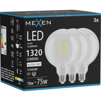 Mexen Vintis 3x LED žárovka s vláknem E27, G125, 10W, neutrální - 4000K, 1320 lm, čirá - L158-E27-1040-00x03