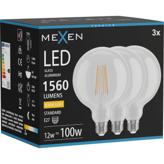 Mexen Vintis 3x LED žárovka s vláknem E27, G125, 12W, teplá - 2700K, 1560 lm, čirá - L158-E27-1227-00x03