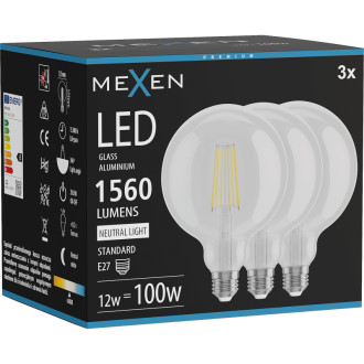 Mexen Vintis 3x LED žárovka s vláknem E27, G125, 12W, neutrální - 4000K, 1560 lm, čirá - L158-E27-1240-00x03