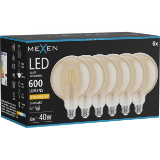 Mexen Vintis 6x LED žárovka s vláknem E27, G125, 6W, teplá - 2200K, 600 lm, jantarová - L158-E27-0622-50x06