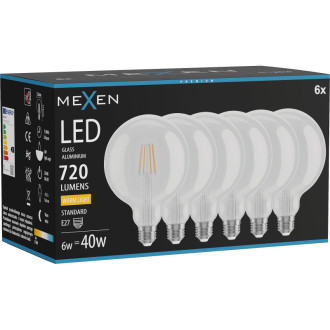 Mexen Vintis 6x LED žárovka s vláknem E27, G125, 6W, teplá - 2700K, 720 lm, čirá - L158-E27-0627-00x06