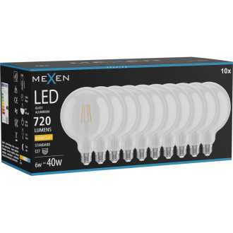Mexen Vintis 10x LED žárovka s vláknem E27, G125, 6W, teplá - 2700K, 720 lm, čirá - L158-E27-0627-00x10