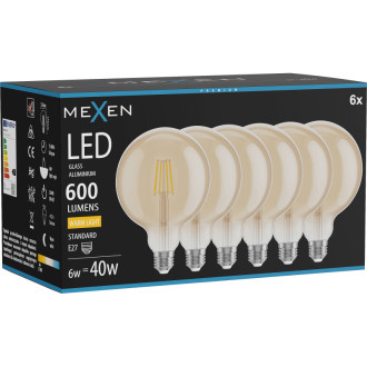 Mexen Vintis 6x LED žárovka s vláknem E27, G125, 6W, teplá - 2700K, 600 lm, jantarová - L158-E27-0627-50x06