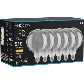 Mexen Vintis 6x LED žárovka s vláknem E27, G125, 6W, teplá - 2700K, 510 lm, kouřová - L158-E27-0627-70x06