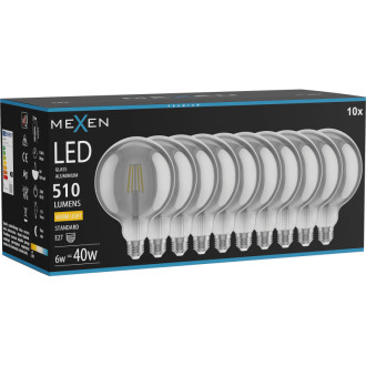 Mexen Vintis 10x LED žárovka s vláknem E27, G125, 6W, teplá - 2700K, 510 lm, kouřová - L158-E27-0627-70x10