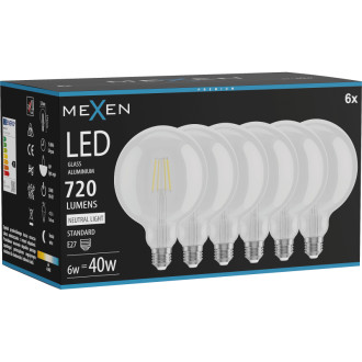 Mexen Vintis 6x LED žárovka s vláknem E27, G125, 6W, neutrální - 4000K, 720 lm, čirá - L158-E27-0640-00x06