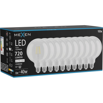 Mexen Vintis 10x LED žárovka s vláknem E27, G125, 6W, neutrální - 4000K, 720 lm, čirá - L158-E27-0640-00x10