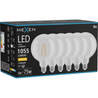 Mexen Vintis 6x LED žárovka s vláknem E27, G125, 8W, teplá - 2700K, 1055 lm, čirá - L158-E27-0827-00x06