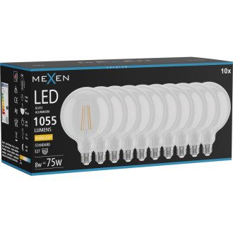 Mexen Vintis 10x LED žárovka s vláknem E27, G125, 8W, teplá - 2700K, 1055 lm, čirá - L158-E27-0827-00x10