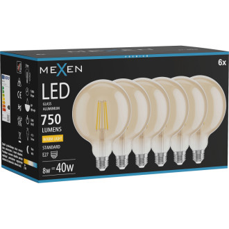 Mexen Vintis 6x LED žárovka s vláknem E27, G125, 8W, teplá - 2700K, 750 lm, jantarová - L158-E27-0827-50x06