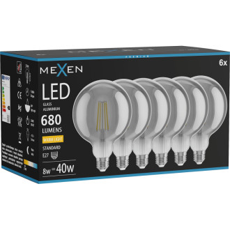 Mexen Vintis 6x LED žárovka s vláknem E27, G125, 8W, teplá - 2700K, 680 lm, kouřová - L158-E27-0827-70x06