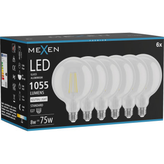 Mexen Vintis 6x LED žárovka s vláknem E27, G125, 8W, neutrální - 4000K, 1055 lm, čirá - L158-E27-0840-00x06