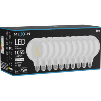 Mexen Vintis 10x LED žárovka s vláknem E27, G125, 8W, neutrální - 4000K, 1055 lm, čirá - L158-E27-0840-00x10