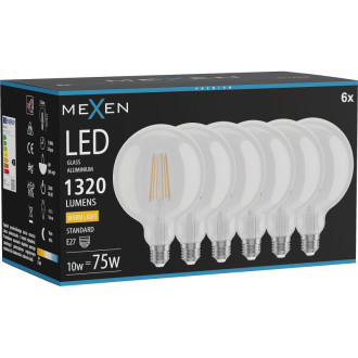 Mexen Vintis 6x LED žárovka s vláknem E27, G125, 10W, teplá - 2700K, 1320 lm, čirá - L158-E27-1027-00x06