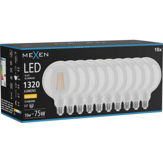 Mexen Vintis 10x LED žárovka s vláknem E27, G125, 10W, teplá - 2700K, 1320 lm, čirá - L158-E27-1027-00x10