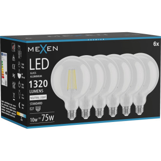 Mexen Vintis 6x LED žárovka s vláknem E27, G125, 10W, neutrální - 4000K, 1320 lm, čirá - L158-E27-1040-00x06