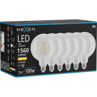 Mexen Vintis 6x LED žárovka s vláknem E27, G125, 12W, teplá - 2700K, 1560 lm, čirá - L158-E27-1227-00x06