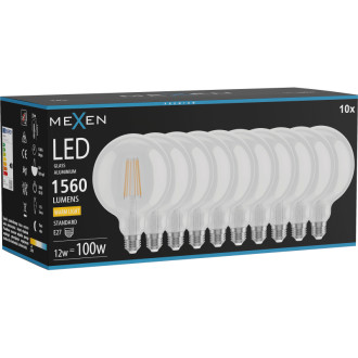 Mexen Vintis 10x LED žárovka s vláknem E27, G125, 12W, teplá - 2700K, 1560 lm, čirá - L158-E27-1227-00x10