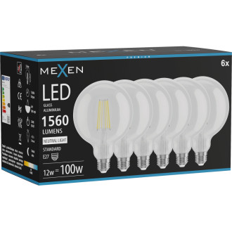 Mexen Vintis 6x LED žárovka s vláknem E27, G125, 12W, neutrální - 4000K, 1560 lm, čirá - L158-E27-1240-00x06