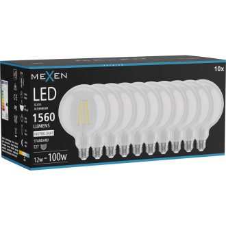 Mexen Vintis 10x LED žárovka s vláknem E27, G125, 12W, neutrální - 4000K, 1560 lm, čirá - L158-E27-1240-00x10