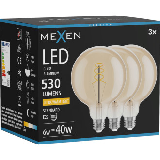 Mexen Vintis 3x LED spirálová žárovka E27, G125, 6W, teplá - 2200K, 530 lm, jantarová - L168-E27-0622-50x03
