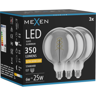 Mexen Vintis 3x LED spirálová žárovka E27, G125, 6W, teplá - 2200K, 350 lm, kouřová - L168-E27-0622-70x03