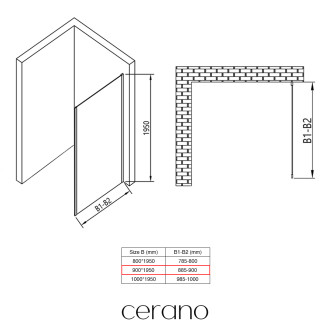 CERANO Sprchová zástěna pro dveře L/P černá matná, transp.sklo 90x195cm pevná CER-425653