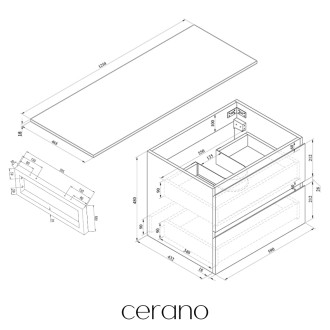 CERANO - Deska pod umyvadlo Navira Slim - 121x46,5x1,8 cm - skříňka Carole 59 cm - betonově šedá - konzole černá
