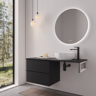 CERANO - Deska pod umyvadlo Navira Slim - 141x46,5x1,8 cm  - skříňka Velora 69 cm - černá matná, černá úchytka - konzole chrom