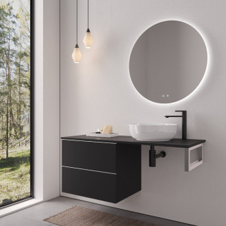 CERANO - Deska pod umyvadlo Navira Slim - 141x46,5x1,8 cm  - skříňka Velora 69 cm - černá matná, chromová úchytka - konzole chrom