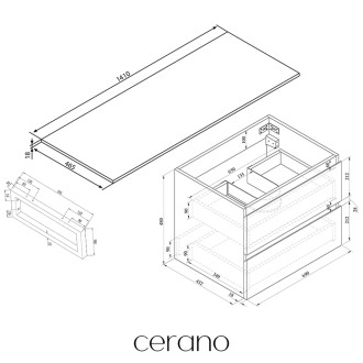 CERANO - Deska pod umyvadlo Navira Slim - 141x46,5x1,8 cm - skříňka Carole 69 cm - černá matná - konzole černá